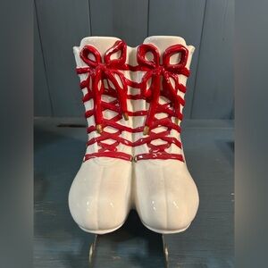Festive Red and White Ceramic Figure Skates Vase - Winter Decor